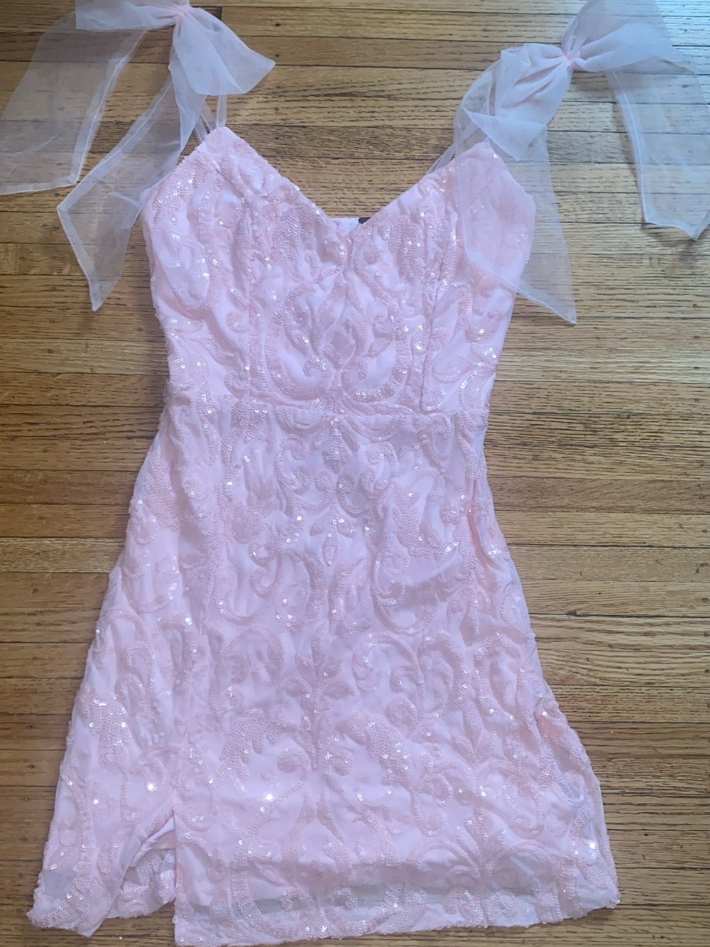 Girls' Pink Sequin Lace Dress with Sheer Bow Straps